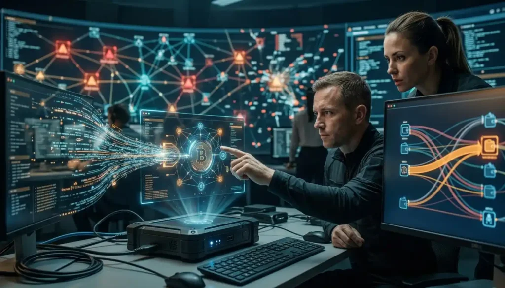 Especialistas em segurança cibernética analisam transações de Bitcoin e uma possível vulnerabilidade em uma rede blockchain. A cena representa a investigação técnica após o ataque à infraestrutura da Liquid Network.