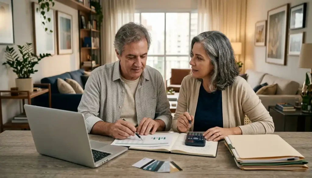 Casal na faixa dos 50 anos analisa o orçamento doméstico e organiza as despesas em conjunto. A imagem representa planejamento financeiro familiar, definição de prioridades e preparação para o futuro.
