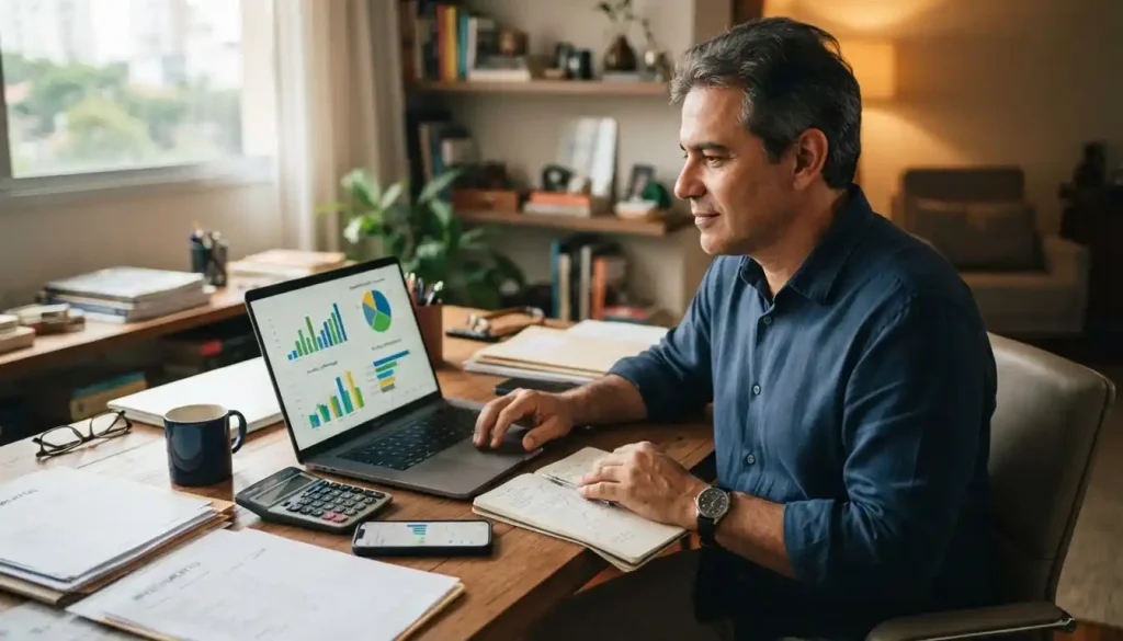 Homem brasileiro com mais de 50 anos analisa uma carteira de investimentos em um notebook. A cena representa planejamento financeiro, diversificação e uso de ferramentas digitais.
