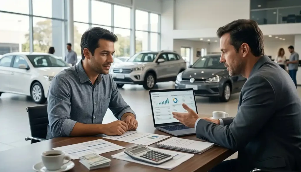 Consumidor analisa os custos de um carro novo com um profissional em uma concessionária. A cena ilustra como impostos, financiamento e outros custos influenciam o preço final do veículo.