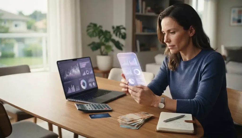 Pessoa analisa investimentos e gastos usando smartphone e notebook em uma mesa organizada. A cena representa planejamento financeiro e o uso consciente de ferramentas digitais para administrar o dinheiro.